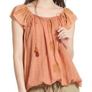 Free People Embroidered Peasant Top Coral Orange Smocked Boho Size L
